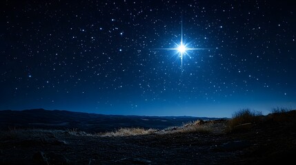 Lone shining star in a dim starry sky, capturing a serene yet powerful symbol of brilliance, night sky, symbolic brilliance
