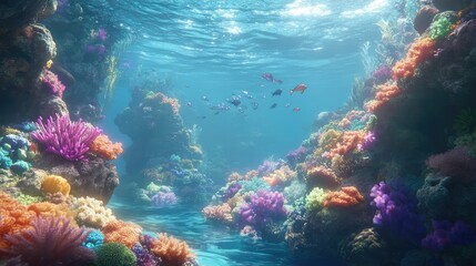 Fototapeta premium Vibrant Underwater Scene with Coral Reefs and Tropical Fish Surrounded by Clear Blue Water and Sunlight Filtering Through the Surface