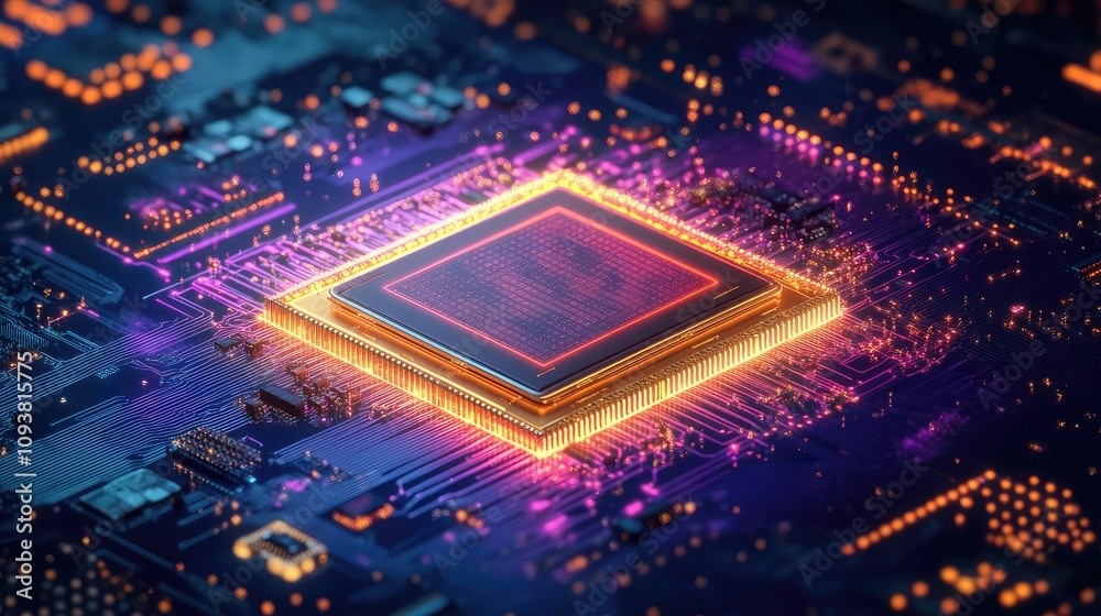 Poster abstract electronic circuit board with glowing microprocessor element in high-tech digital environme