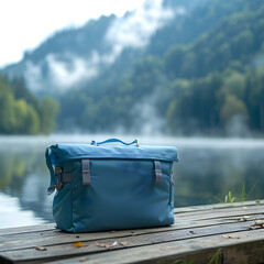 a blank thermal cooler bag sitting on the dock of a serene lake, ready for a picnic, with early...