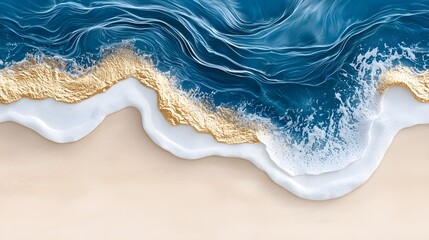 Obraz premium Vivid blue and gold shoreline, abstract waves rolling toward a golden beach, soft gradient sky, sunlight dappling the water, dreamlike