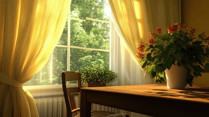 Fototapeta premium Bright and Warm Interior Scene with Sunlight Streaming Through a Window, Framed by Flowing Curtains and a Beautiful Potted Plant on a Wooden Table