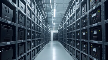 Organized tech storage warehouse, rows of industrial shelves