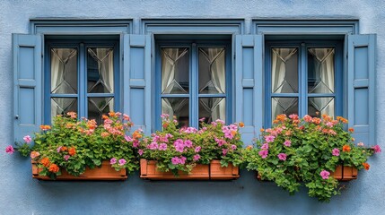 Three windows with flowers.