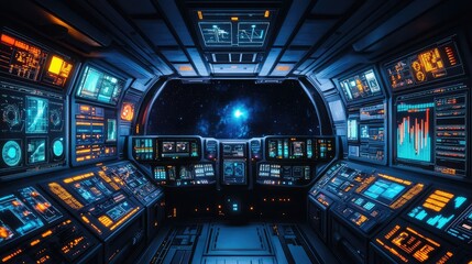 Obraz premium Futuristic Spacecraft Interior with High-Tech Control Panels and Starry Space View, Featuring Advanced Digital Displays and Illuminated Interfaces