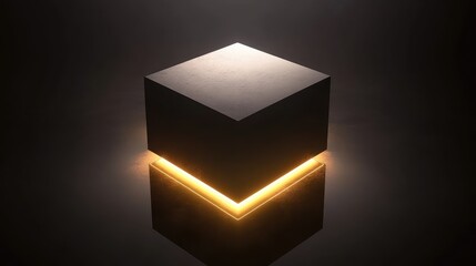 Dark Minimalist Cube with Illuminated Edges on Reflective Surface, Creating a Stunning Contrast and Evoking a Sense of Mystery and Elegance