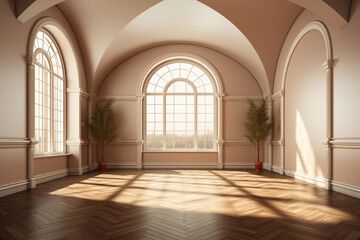 Empty room interior with arch entrance. Modern living room in beige tones, .   