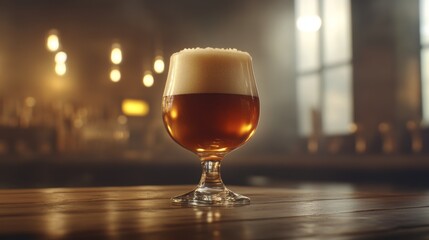 A Elegant Glass of Amber Beer with Creamy Foam on a Wooden Table in a Cozy Bar Setting with Warm Lighting and Soft Focus Background Atmosphere