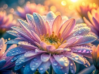Obraz premium Captivating Macro Photography of a Chalky Dawn with Delicate Dew Drops on Petals, Soft Pastel Hues Illuminating the Morning Light, Nature's Beauty Awakened at Sunrise