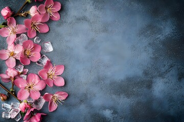 Colorful cherry blossoms in pink hues are artistically arranged alongside clear ice pieces on a...