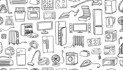 Seamless pattern of household appliances in doodle style. TV, refrigerator, mixer, vacuum cleaner, iron, washing machine, dishwasher, heater, fan, microwave, stove, air conditioning, electric kettle