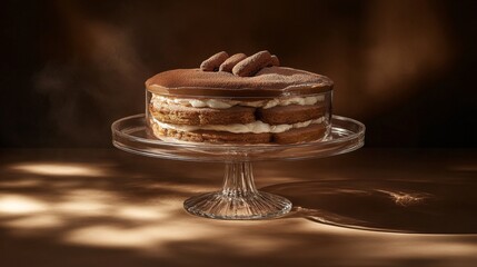 Decadent Chocolate Layer Cake with Cream Filling on Elegant Glass Stand, Captured in Soft Lighting for a Luxurious Dessert Presentation