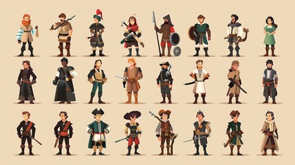 A set of cartoon characters in medieval fantasy attire.