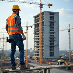 Photo, 8k resolution, a construction worker on a scaffold, wearing a hard hat and reflective vest. A half-constructed building rises in the background, with cranes and construction vehicles visible