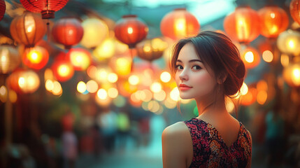 Fototapeta premium woman walks confidently through vibrant city streets, her body in motion, symbolizing freedom, independence, and the energy of urban life with bustling surroundings