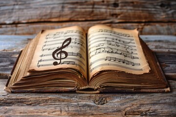 Open antique music book with musical notes on rustic wooden background is showing beautiful handwritten musical symbols