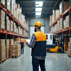 Photo, 8k resolution, a warehouse worker in a reflective safety vest and hard hat turned with their back to the camera, standing in front of tall shelves filled with neatly stacked boxes and pallets. 