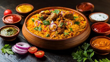 A plate of Kabsa rice with garnished pieces of meat and vegetables, traditional popular Arab banquets and dishes, recipes for delicious oriental foods and meals
