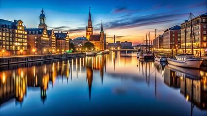Obraz premium Captivating Minimalist Night Panorama of Hamburg Harbour, Showcasing Tranquil Waters, City Lights, and Architectural Elegance in a Serene Urban Landscape