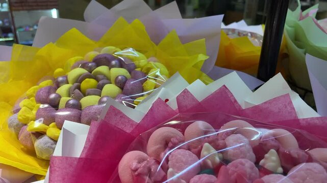 bouquets of sweets sweet marshmallow flowers, footage for Mother's Day