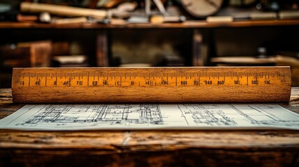 Vintage wooden ruler on blueprint.