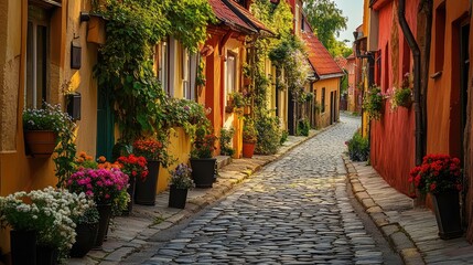 Obraz premium Serene Cobblestone Street In A Quaint Village With Colorful Houses Adorned With Vibrant Flowers And Lush Greenery In Beautiful Natural Light