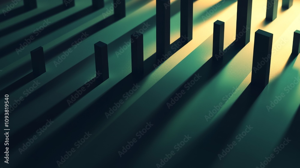 Fototapete Abstract composition of dark vertical structures casting elongated shadows over a smooth surface, creating a captivating interplay of light and shapes in a minimalistic setting.