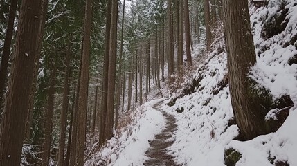 Tranquil Snow-Covered Pathway Through a Dense Forest of Tall Evergreen Trees in Winter, Inviting Nature Walks and Scenic Exploration in the Great Outdoors