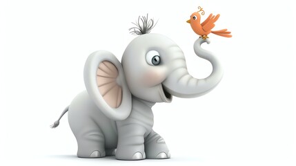 A cartoon elephant with a bird sitting on its trunk.