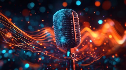 A vintage microphone sits in front of a colorful abstract background of glowing lines and particles.