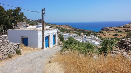 Serene Coastal Village in Greece with Whitewashed Houses and Blue Doors Surrounded by Lush Greenery and Breathtaking Ocean Views on a Sunny Day