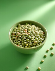 Fresh Green Lentils in a bowl on Light pastel green background