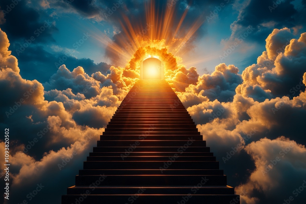 Poster a breathtaking vision of a staircase winding upward into the sky, surrounded by layers of luminous c