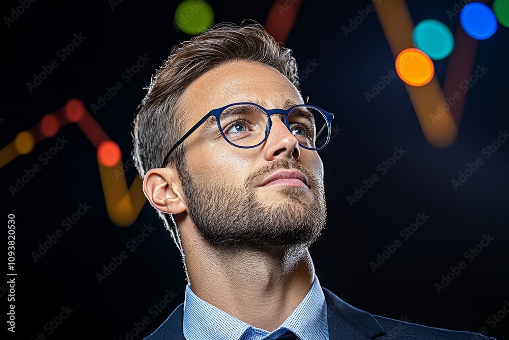 Poster A business professional analyzing a report on a large monitor, with colorful bar and pie charts illuminated in the background