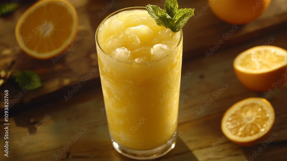 Poster Refreshing Frozen Citrus Drink with Mint Garnish Served in a Clear Glass with Fresh Oranges in the Background Perfect for Summer Sipping and Cool Refreshment