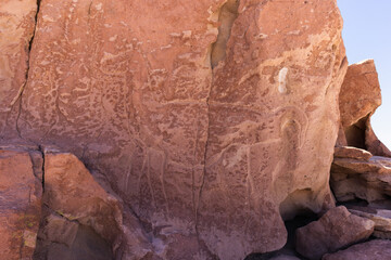 dibujo de animal llama en la roca, petroglifos de yerbas buenas, San Pedro de Atacama, desierto de Atacama, Chile