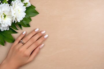 Fototapeta premium A close-up of intertwined hands with wedding rings, a bouquet of flowers lying nearby, symbolizing an anniversary