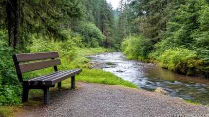 Fototapeta premium Serene Natural Landscape Featuring Wooden Bench by Gentle Stream Surrounded by Lush Green Forest and Tranquil Atmosphere, Ideal for Peaceful Reflection and Relaxation