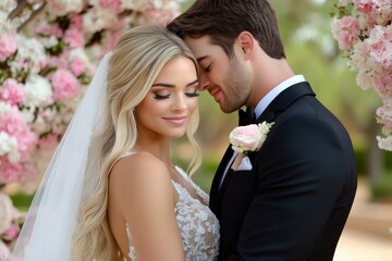 A couple renewing their vows in a serene outdoor setting, surrounded by blooming flowers and close family