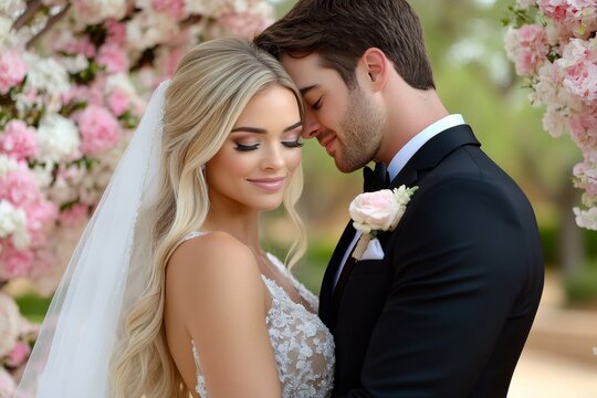 A couple renewing their vows in a serene outdoor setting, surrounded by blooming flowers and close family