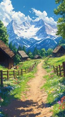 Fototapeta premium Alpine Meadow Serenity: An Anime-Style Countryside Illustration