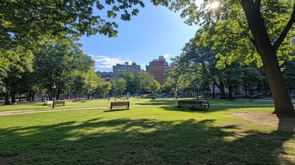 Fototapeta premium Serene Urban Park Landscape with Lush Green Grass, Sunlight Filtering through Trees, Benches for Relaxation, and Clear Blue Sky in a Vibrant City Setting