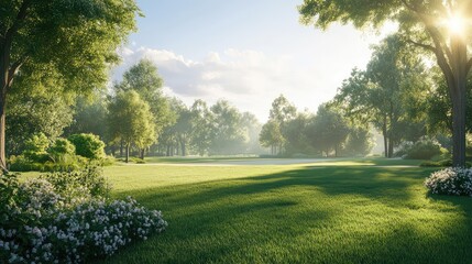 Fototapeta premium Serene Green Landscape with Morning Light Bathed in Soft Sunbeams Illuminating Vibrant Foliage and Lush Grass Surrounded by Colorful Flowers in a Tranquil Nature Scene