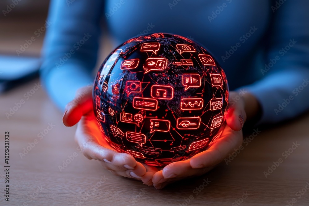 Aufkleber A futuristic concept of multilingual communication featuring a person holding a glowing holographic globe with speech bubbles containing text in various languages. The hologram is surrounded