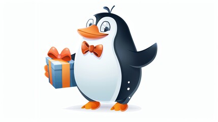 Fototapeta premium A cartoon penguin with a bow tie is holding a gift.