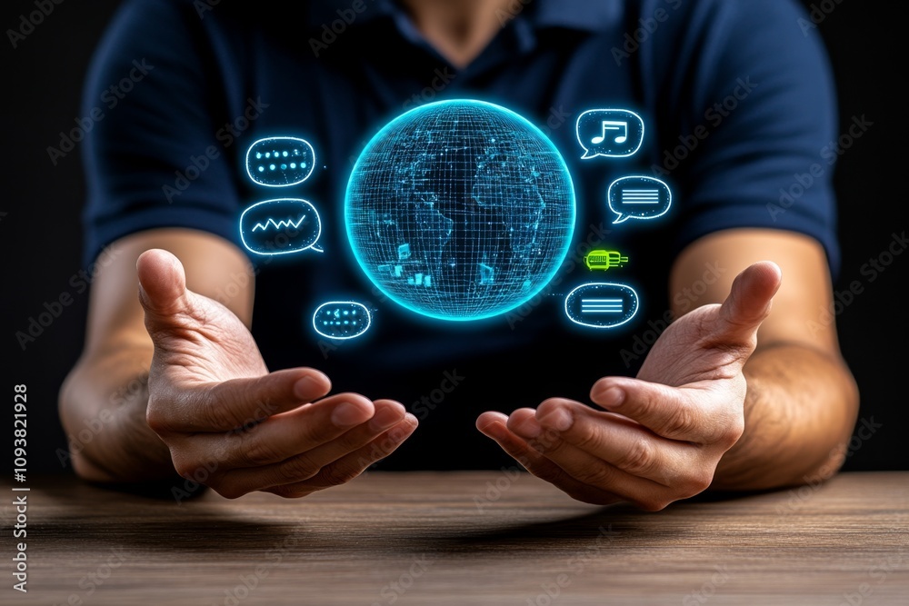 Poster a high-tech representation of global language translation technology, showing a holographic globe ho
