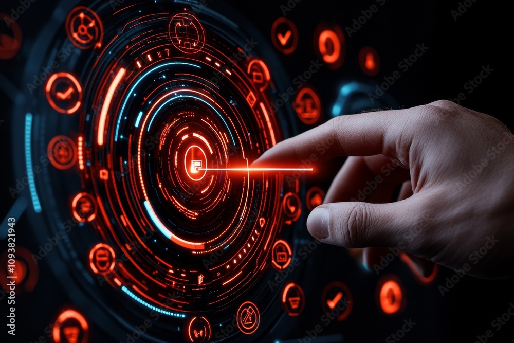Leinwandbilder A high-tech visual of a person interacting with a holographic interface, showing a loading bar progressing from 2024 to 2025. The interface is surrounded by icons representing annual planning,