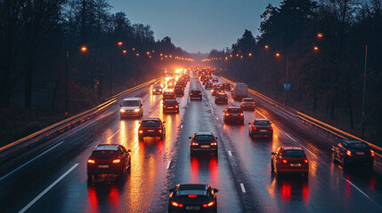 Blurred motion of cars on a busy highway during twilight, symbolizing the fast pace of life,...