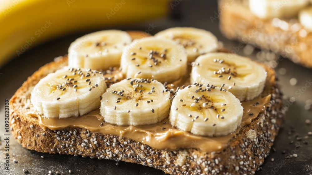 Poster delicious slice of whole grain bread topped with creamy peanut butter and fresh banana slices, sprin