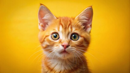 Obraz premium Captivating Portrait of an Orange Kitten with a Surprised Expression Against a Bright Yellow Background, Perfect for Animal Lovers and Feline Enthusiasts